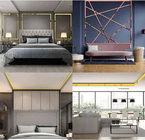 Miniatura 4 de 10 tiras de azulejos de espejo acrílico, autoadhesivas, calcomanías de pared para sala de estar, fondo de TV, techo, decoración del hogar, oro rosa