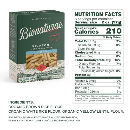 Miniatura 2 de Bionaturae Rigatoni Pasta de fideos – Pasta Rigatoni sin gluten orgánica, pasta de arroz y lentejas, kosher, alta en proteínas, sin OMG, pasta