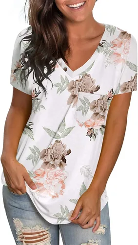 Miniatura 4 de WEESO - Camisetas de manga corta con cuello en V para mujer con dobladillo de cola caída ajuste relajado