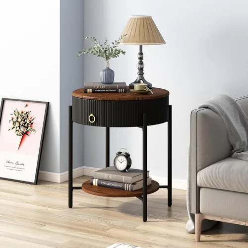 Miniatura 7 de OIOG Mesa auxiliar moderna con cajón, mesa de noche industrial de 2 niveles con estante, mesita de noche de grano de madera con almacenamiento