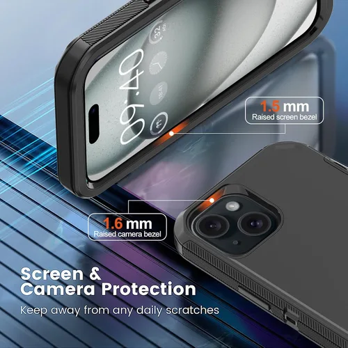 Miniatura 3 de Funda para iPhone 15 con 2 Protectores de Pantalla, Protección Contra Caídas a Prueba de Golpes, Cuerpo Completo, Uso Pesado, 3 Capas, Militar