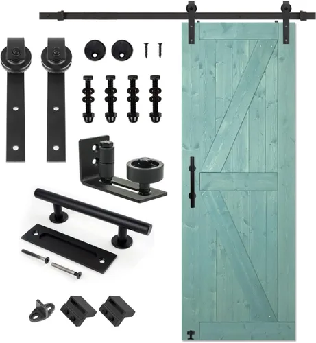 Miniatura 23 de S&Z TOPHAND 20 pulgadas x 84 pulgadas. Puerta de granero anudada británica sin terminar con kit de herrajes deslizantes de 4 pies/madera