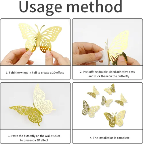 Miniatura 6 de Decoraciones de mariposas, decoración de pared de mariposas doradas 3D, decoración de pastel de cumpleaños, 24 piezas, 3 estilos y tamaños, Oro 3