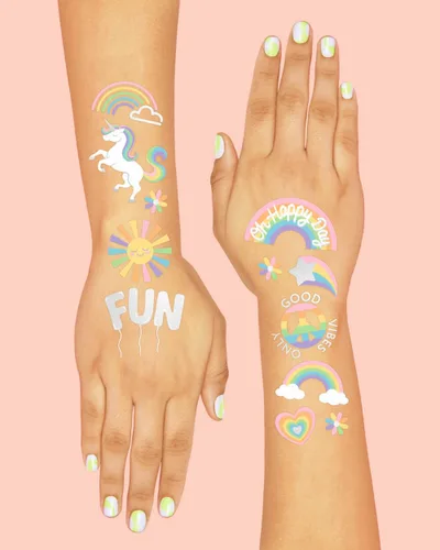 Miniatura 4 de xo, Fetti Tatuajes temporales de arcoíris - 46 estilos de purpurina Suministros para fiesta de cumpleaños de unicornio, baby shower, recuerdos