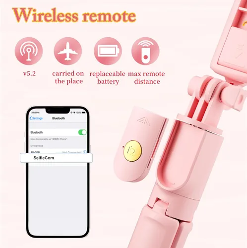 Miniatura 6 de Trípode rosa para selfie, con control remoto inalámbrico, transmisión en vivo y grabación de video, compatible con Android, iPhone y más