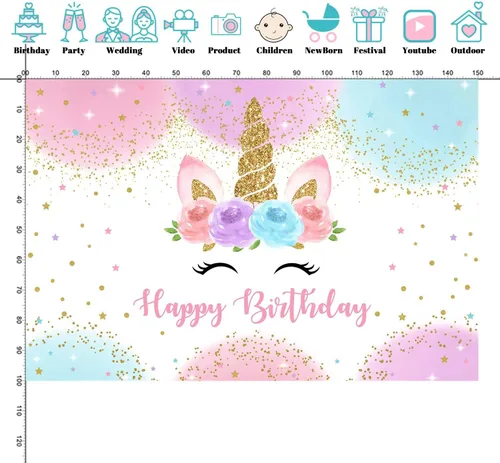 Miniatura 4 de Telón de fondo de unicornio arcoíris de 5 x 3 pies, decoraciones de fiesta de feliz cumpleaños para niñas, acuarela, floral, estrellas, lunares