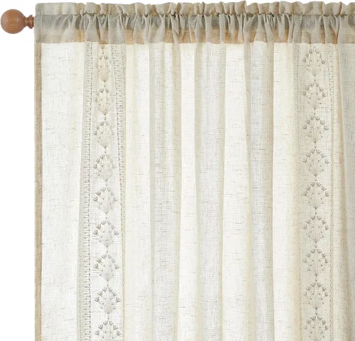 Miniatura 5 de Cortinas modernas de lino de 96 pulgadas de largo, 2 paneles de cortinas semitransparentes bordadas para sala de estar, cortinas filtrantes de luz
