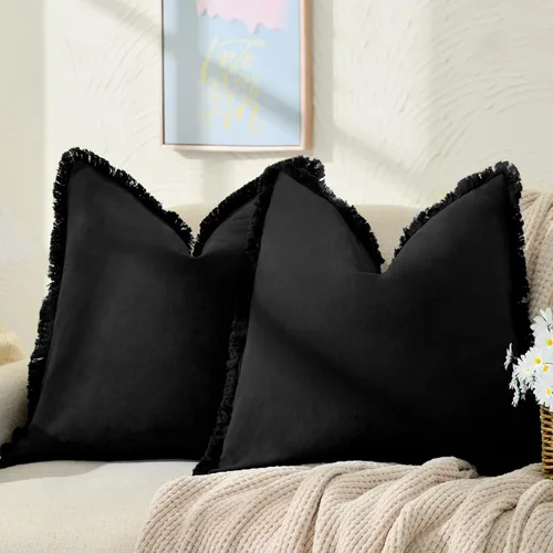 Miniatura 11 de ZWJD Juego de 2 fundas de almohada de 16 x 16 pulgadas, color beige, con flecos, de algodón, decorativas, cuadradas, para sofá, cama, sala de estar