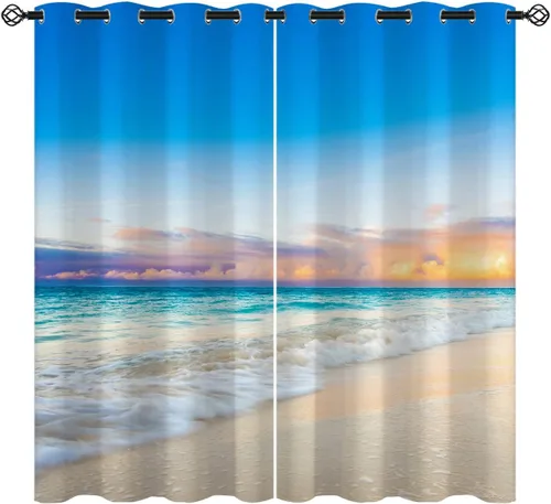 Cortinas opacas de arena para niñas y niños, decoración del hogar, vacaciones, playa, agua azul, puesta de sol, nubes, ojales, aislamiento térmico,