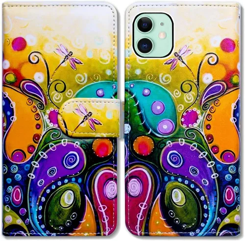 Miniatura 11 de Bcov Funda para iPhone 11, funda de piel con tapa y función atril para iPhone 11, diseño de flores y mariposas azules
