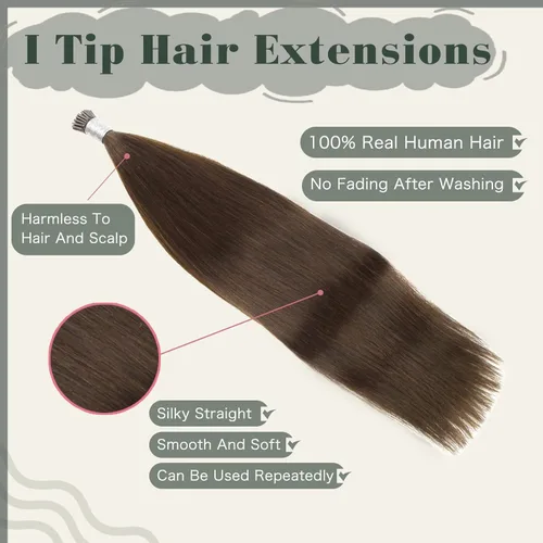 Miniatura 2 de Sixstarhair Extensiones de cabello humano de queratina con punta en I de 14 pulgadas, color marrón chocolate, extensiones de cabello lacio y sedoso