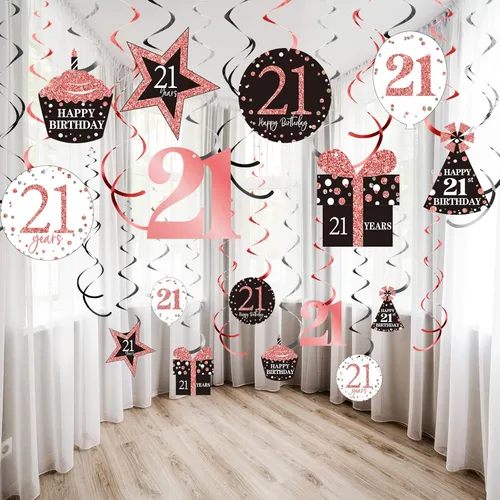 Blulu Decoraciones de fiesta de cumpleaños número 21, pancartas de cumpleaños número 21, remolinos colgantes de oro rosa, decoraciones de techo,