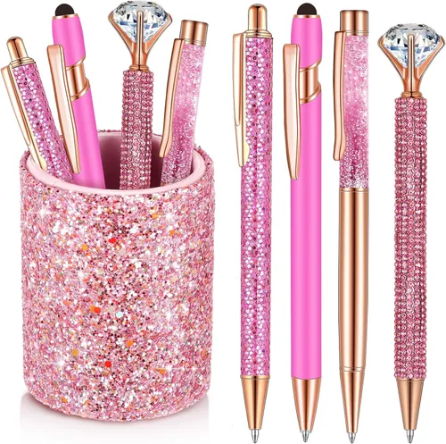 Miniatura 13 de Sabary 8 bolígrafos negros con soporte para bolígrafo para escritorio, con purpurina, diamantes de cristal, bonito soporte para lápices, organizador