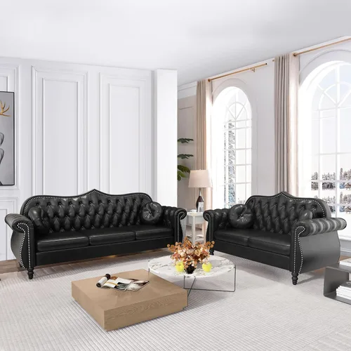 Miniatura 18 de AVZEAR 82" Sofá de tres plazas de cuero, sofá Chesterfield, sofá tapizado en PU de estilo moderno de mediados de siglo, sofá de sala de estar