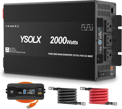 YSOLX Inversor de corriente de onda sinusoidal pura de 2000 W, convertidor de corriente de 12 V a 110 V/120 V CA para el hogar, RV, camión, puerto
