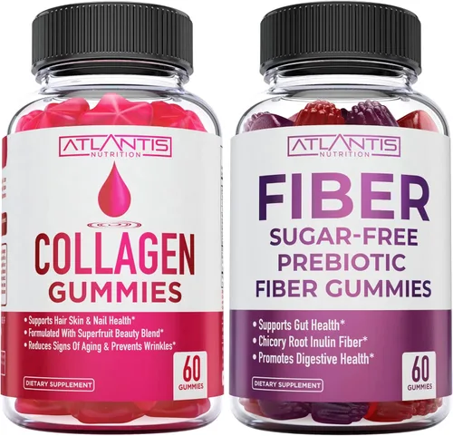 Atlantis Nutrition Gomitas de colágeno 60 + gomitas de fibra prebiótica sin azúcar para adultos, paquete de 2 (120 gomitas)