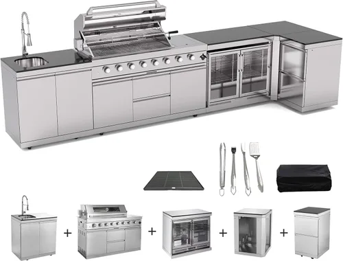 Miniatura 11 de Isla de cocina al aire libre de 153 pulgadas, combinación de parrilla de gas propano de 96000 BTU con refrigerador y fregadero, gabinete de cajón