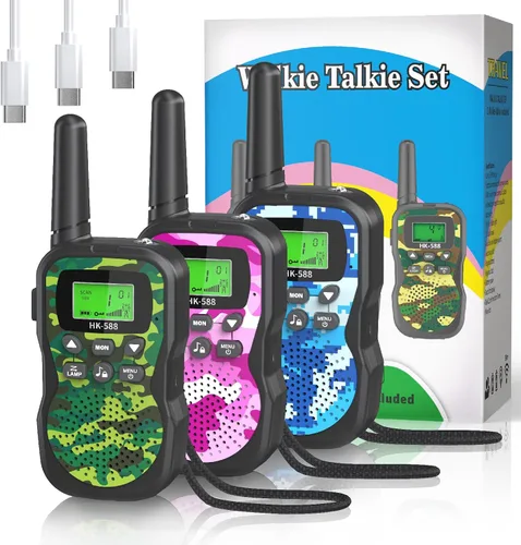 Miniatura 17 de Walkie Talkies recargables para niños, paquete de 3, Walkie Talkies de largo alcance para niños de 22 canales VOX linterna para acampar al aire