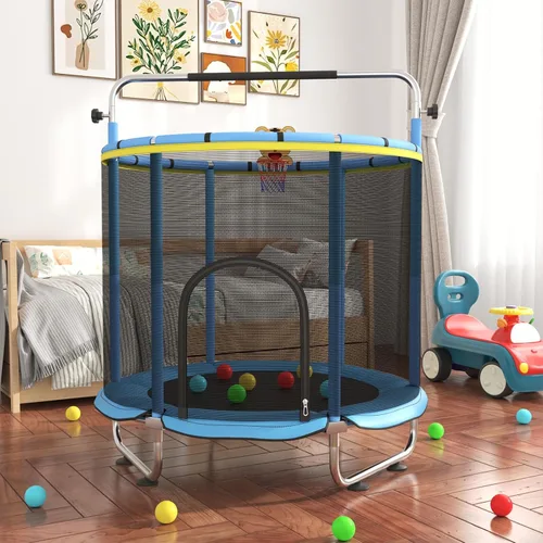 Miniatura 2 de Trampolín infantil de 60 pulgadas para niños de 2 a 4 años, mini trampolín de 5 pies para interiores con pelota de baloncesto, barra de gimnasia