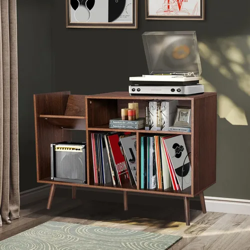 Miniatura 4 de QHITTY Soporte para tocadiscos, mesa moderna de mediados de siglo con patas de madera, soporte giratorio para discos con capacidad para hasta 300