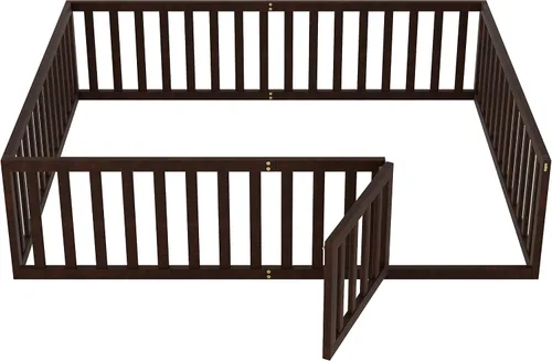 Miniatura 8 de Bellemave Cama de suelo de madera tamaño Queen para niños, cama Montessori con barandillas en forma de valla y puerta, para niños, niños y niñas