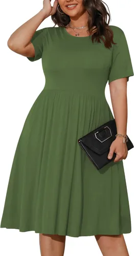 POSESHE Vestido de verano para mujer de talla extra grande 2025, casual, de manga corta, con cintura imperio, suelto, tipo remerón con bolsillos