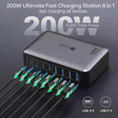 Miniatura 2 de Bloque de carga rápida USB C de 200 W, estación de carga de 8 puertos para iPhone/iPad/MacBook, caja de cargador 4C4A GaN, cargadores múltiples