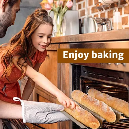 Miniatura 4 de AMAGABELI GARDEN & HOME Moldes antiadherentes para baguettes franceses de 15"x11" de acero al carbono para hornear 3 panes, bandeja perforada