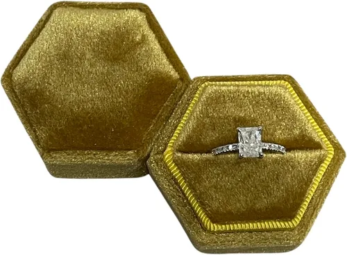 Miniatura 9 de Caja de anillo hexagonal de terciopelo, 1 ranura para compromiso y ceremonia de boda, exhibición plana y almacenamiento (azul claro)