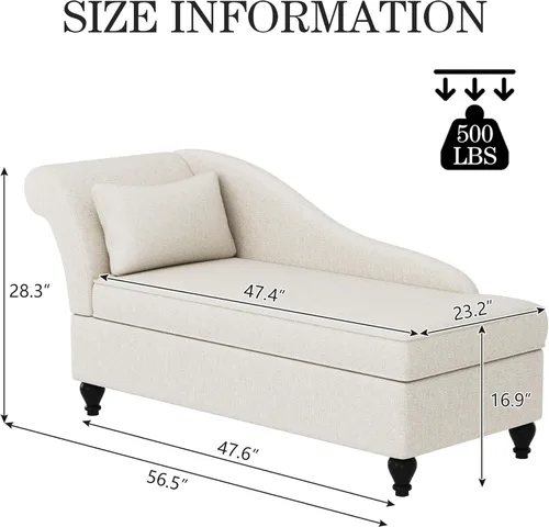 Miniatura 2 de Tumbona de almacenamiento para interiores, sillón tapizado de lino con almacenamiento para dormitorio, sala de estar, oficina, tela beige