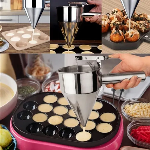 Miniatura 4 de Gavigain Dispensador de masa para panqueques, dispensador de pasteles de embudo de acero inoxidable con soporte para hornear herramientas