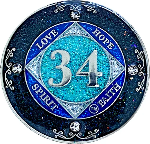 Miniatura 29 de NA 1 año de cristales y medallón de purpurina, moneda chapada en color plateado, arco iris negro, purpurina azul y cuatro cristales transparentes