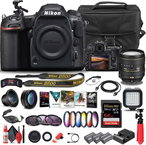 Nikon Cámara DSLR D500 (solo cuerpo) (1559) + lente Nikon de 0.630-3.150 in + tarjeta de memoria de 64 GB + funda + software de foto Corel + 2