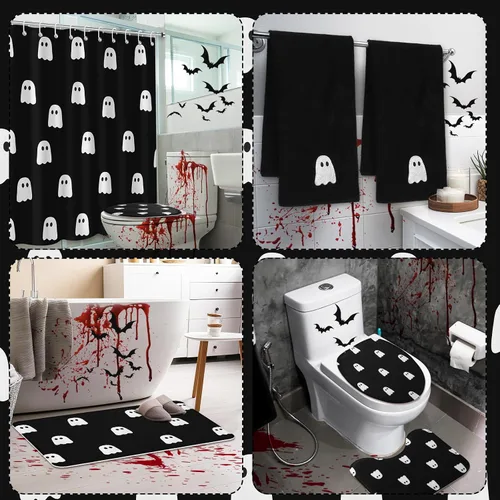 Miniatura 6 de Juego de 6 cortinas de ducha fantasma de Halloween de 72 pulgadas con 12 ganchos, alfombra antideslizante, cubierta de tapa de inodoro, toalla