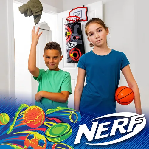 Miniatura 10 de NERF Cesta de aro de baloncesto – Cesta para ropa sucia sobre la puerta + objetivo de disparo – Mini canasta de aro + juego de baloncesto