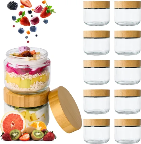 Miniatura 9 de Hoa Kinh - Tarros de almacenamiento de alimentos de vidrio con tapas, 10 onzas, paquete de 4 tarros pequeños de vidrio a prueba de fugas para avena