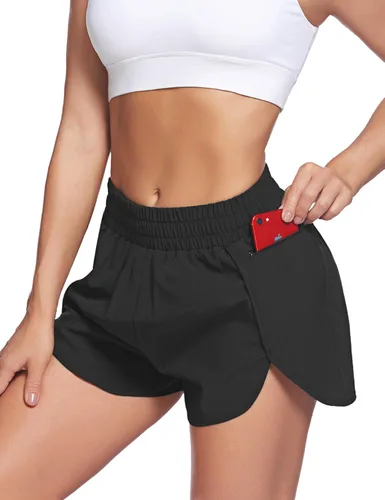 Miniatura 3 de LaLaLa - Pantalones cortos de entrenamiento para mujer con bolsillo con cierre de cremallera secado rápido pantalones cortos deportivos con cintura