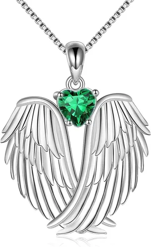 YFN Collar de alas de ángel de plata de ley 925 con colgante de alas de ángel de la guarda, collar de piedra natal para mujeres y niñas, regalos de