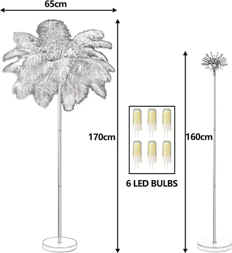 Miniatura 5 de Lámpara de pie de avestruz natural moderna para sala de estar, lámpara de pie LED con interruptor de pie, acabado dorado, elegante pantalla de Azul