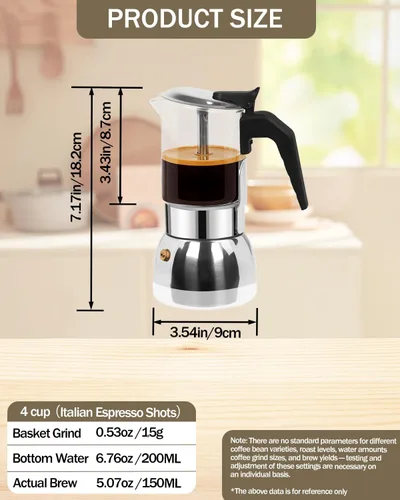 Miniatura 2 de Cafetera para estufa, cafetera de café expreso, fácil de preparar 4 tazas, 6.7 onzas, 6.8 fl oz, vidrio de borosilicato alto, acero inoxidable