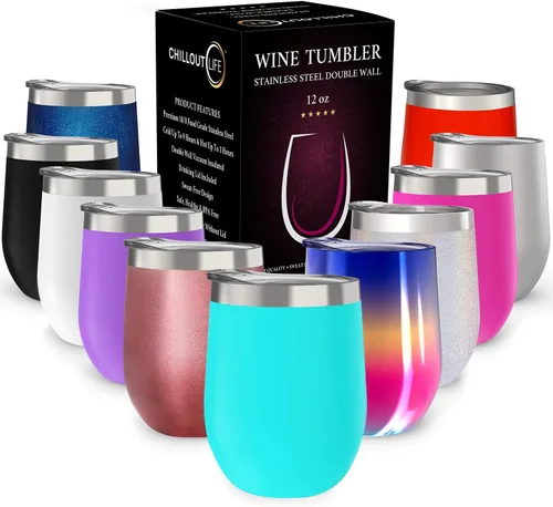 CHILLOUT LIFE - Vaso de acero inoxidable de 12 onzas con tapa y caja de regalo, diseño de viaje con recubrimiento en polvo, aislamiento al vacío de