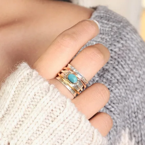 Miniatura 7 de Boho-Magic Anillo giratorio de plata de ley 925 con larimar para mujer con cobre y latón
