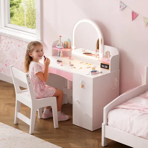 Miniatura 3 de Teckid Juego de tocador para niños con silla y luces, escritorio de maquillaje de princesa 2 en 1, mesa de tocador para niños pequeños con espejo