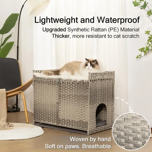 Miniatura 6 de Furriends Caja de arena para gatos con 2 alfombrillas, muebles ocultos de ratán tejido a mano, grande, 30.3 pulgadas de largo x 18.2 pulgadas