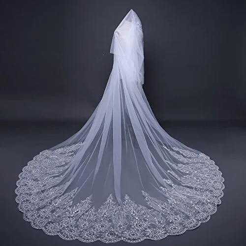 Miniatura 3 de Velo de novia para mujer, 2 niveles, largo, velo, catedral, con peine, encaje con diamantes, vestido largo de graduación, velo de boda nupcial