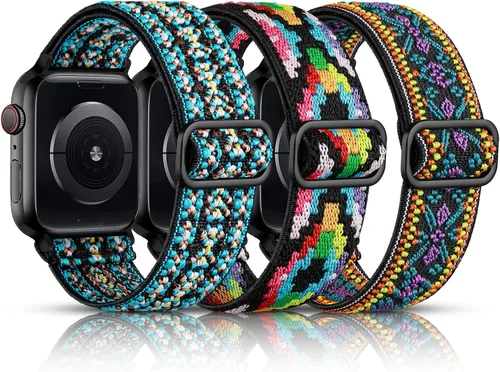 Miniatura 28 de DaQin Paquete de 3 correas elásticas Solo Loop compatibles con Apple Watch de 1.654 pulgadas, 1.614 pulgadas, 1.575 pulgadas, 1.496 pulgadas, Boho