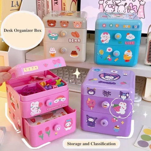 Miniatura 8 de Organizador de escritorio pequeño Kawaii con tapa y 2 cajones, lindo organizador de escritorio Kawaii con calcomanías de bricolaje para adolescentes