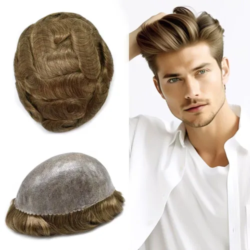 Miniatura 19 de Peluca completa de poliuretano para hombre, sistemas de reemplazo de cabello humano, piel fina y duradera, para hombre, prótesis de cabello