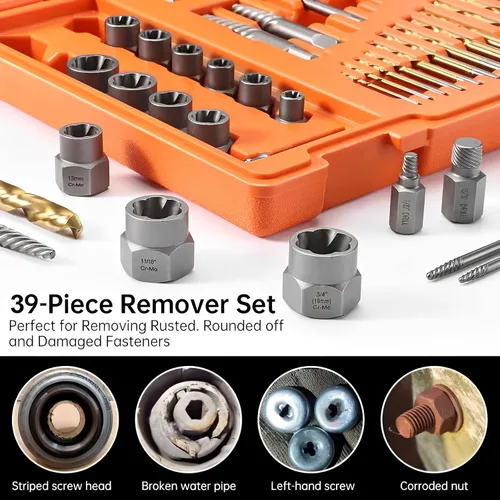 Miniatura 2 de XEWEA Juego de 39 piezas de extractor de tornillos y pernos con juego de brocas de mano izquierda, herramientas de extracción fácil de pernos rotos