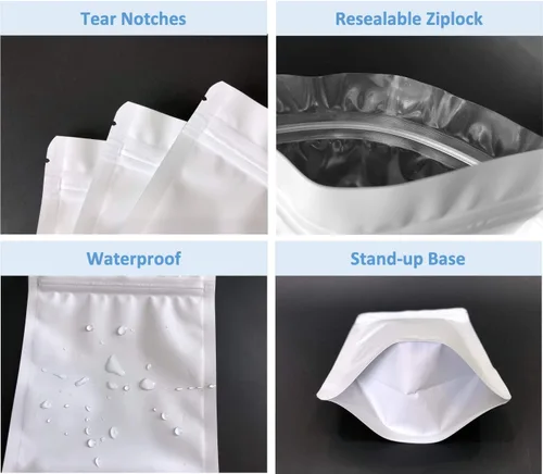 Miniatura 4 de Paquete de 100 bolsas de pie de Mylar blanco mate, 3.35 x 5.1 pulgadas, a prueba de olores, bolsa resellable con cremallera, bolsas de muestra